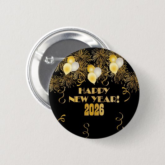 2026 Black Gold Glitter New Year's Eve Party 缶バッジ (正面&裏面)