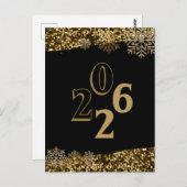 2026  Black Gold Glitter Snowflake New Year  ポストカード (正面/裏面)
