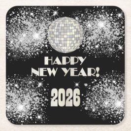 2026 Black Silver Glitter New Year's Eve Party  スクエアペーパーコースター
