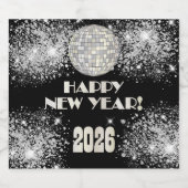 2026 Black Silver Glitter New Year's Eve Party スパークリングワインラベル (シングルラベル)