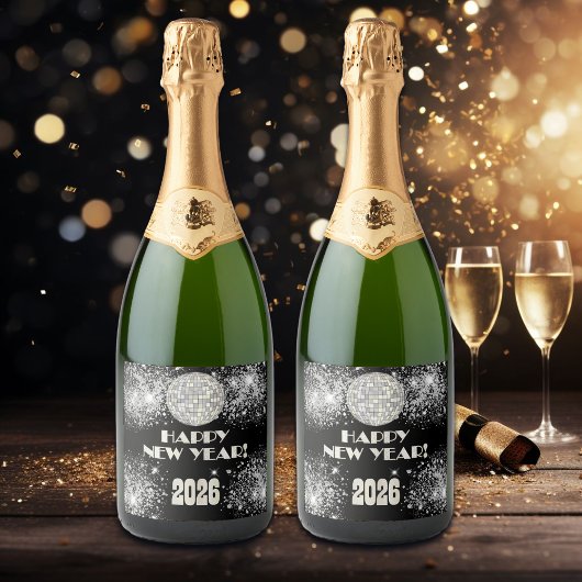 2026 Black Silver Glitter New Year's Eve Party スパークリングワインラベル