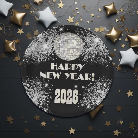 2026 Black Silver Glitter New Year's Eve Party  ペーパープレート