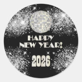 2026 Black Silver Glitter New Year's Eve Party  ラウンドシール (正面)