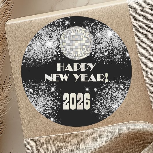 2026 Black Silver Glitter New Year's Eve Party  ラウンドシール