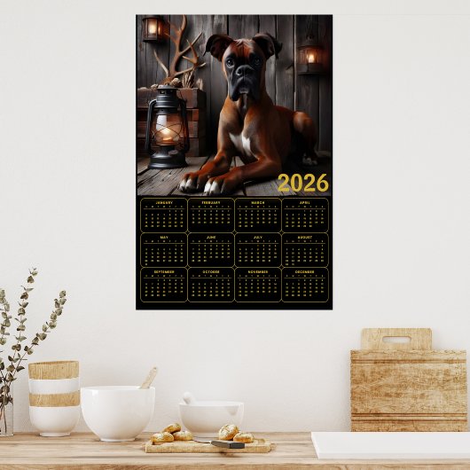 2026 Boxer Dog Calendar – Rustic Cabin Portrait ポスター (キッチン)