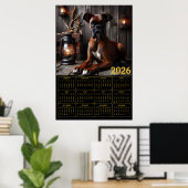 2026 Boxer Dog Calendar – Rustic Cabin Portrait ポスター (ホームオフィス)