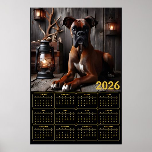 2026 Boxer Dog Calendar – Rustic Cabin Portrait ポスター (正面)