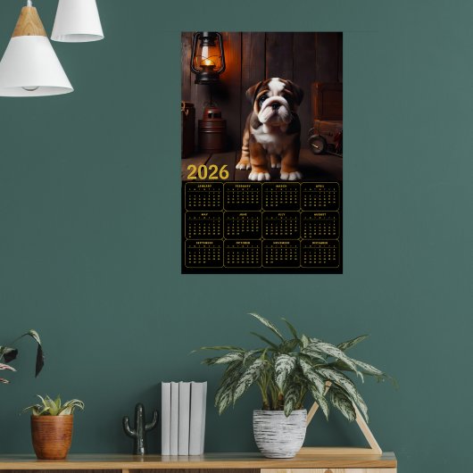 2026 Bulldog Puppy with Lantern Calendar ポスター (リビング1)