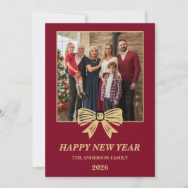 2026 Burgundy & Gold Bow Family New Year Photo シーズンカード