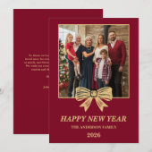 2026 Burgundy & Gold Bow Family New Year Photo シーズンカード (正面/裏面)