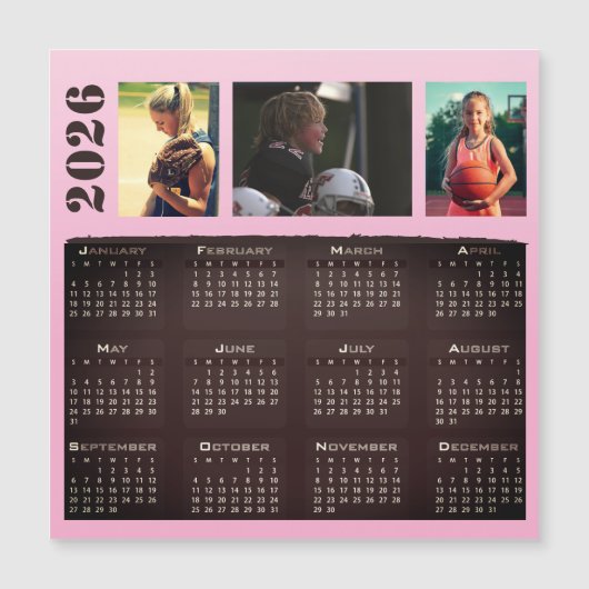 2026 Calendar 3 Photo Collage Magnet Card (正面)