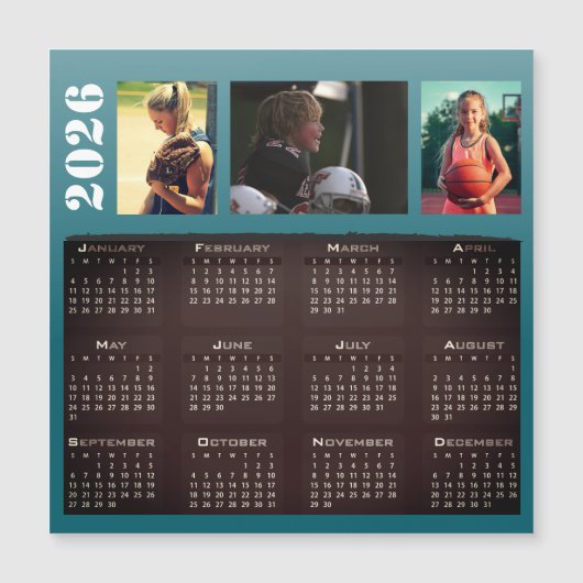 2026 Calendar 3 Photo Collage Magnet Card (正面)