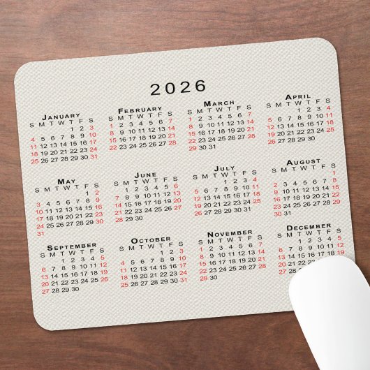 2026 Calendar Beige Faux Canvas Texture マウスパッド
