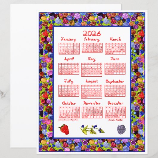 2026 Calendar Berries Art Frame Red Fabric Font (正面/裏面)