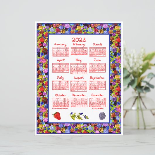 2026 Calendar Berries Art Frame Red Fabric Font (スタンド正面)