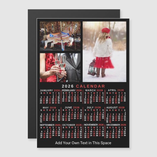 2026 Calendar Black Red Personalized Photo Magnet (正面/裏面)