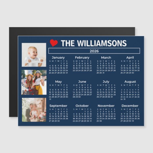 2026 Calendar Blue White Photo Collage Magnet (正面/裏面)