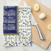 2026 Calendar Blueberries On Stem Vine Leaves Navy キッチンタオル (四つ折り)