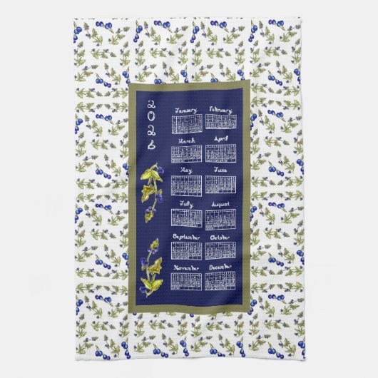 2026 Calendar Blueberries On Stem Vine Leaves Navy キッチンタオル (縦)