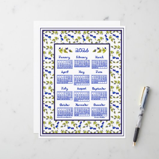 2026 Calendar Blueberries Stem Leaves Fabric Font (正面/裏面インサイチュ)