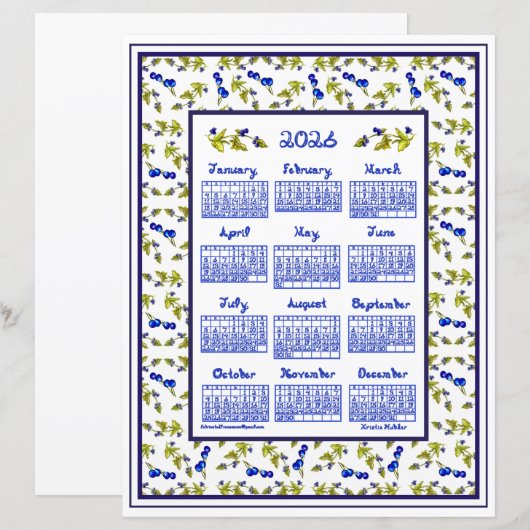 2026 Calendar Blueberries Stem Leaves Fabric Font (正面/裏面)