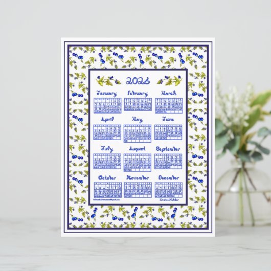 2026 Calendar Blueberries Stem Leaves Fabric Font (スタンド正面)
