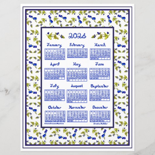 2026 Calendar Blueberries Stem Leaves Fabric Font (正面)