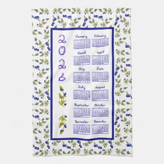 2026 Calendar Blueberries Stem Leaves White キッチンタオル (縦)