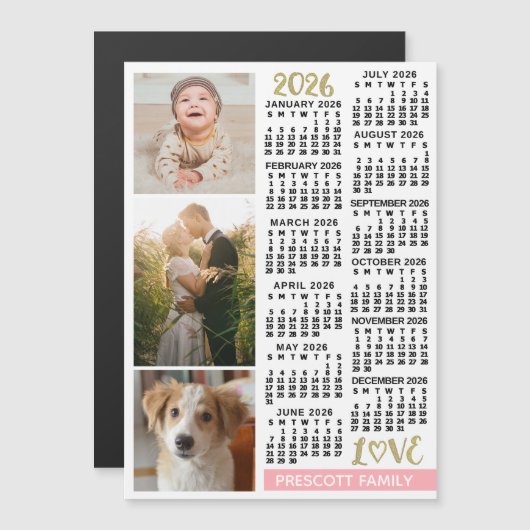 2026 Calendar Blush Pink Gold Custom Photos Magnet (正面/裏面)