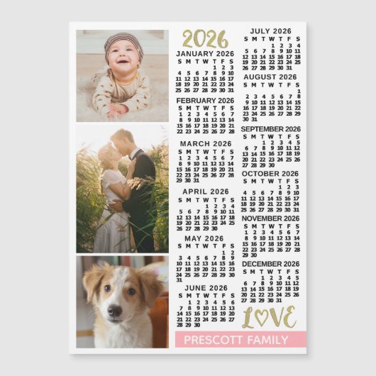2026 Calendar Blush Pink Gold Custom Photos Magnet (正面)