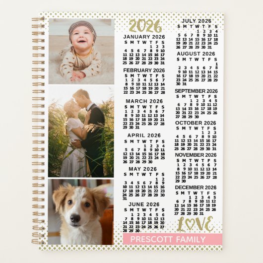 2026 Calendar Blush Pink Gold Family Photo Collage プランナー手帳 (正面)