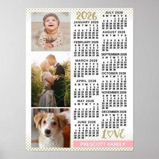 2026 Calendar Blush Pink Gold Family Photo Collage ポスター (正面)