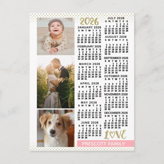 2026 Calendar Blush Pink Gold Family Photo Collage ポストカード (正面)