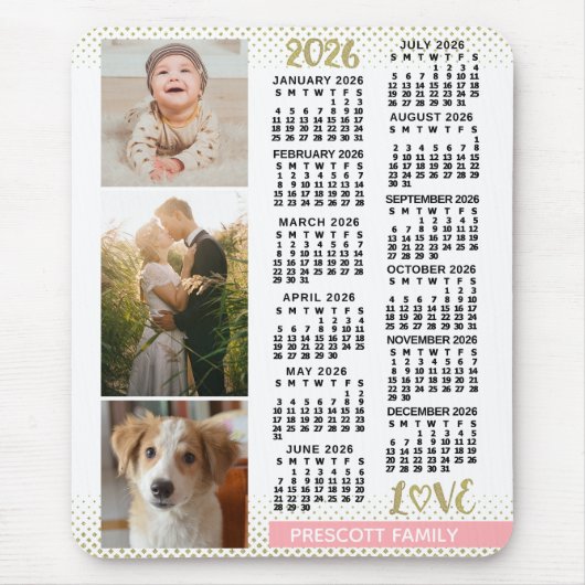 2026 Calendar Blush Pink Gold Family Photo Collage マウスパッド (正面)