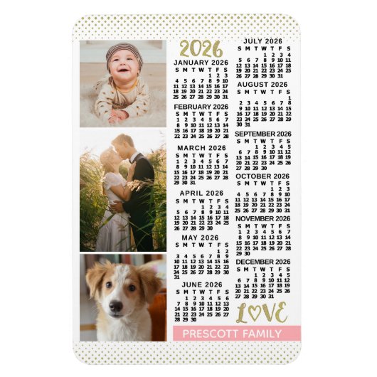 2026 Calendar Blush Pink Gold Family Photo Collage マグネット (縦)
