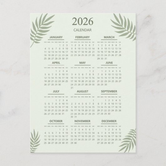 2026 Calendar Boho Floral Aesthetic Sage Green ポストカード (正面)