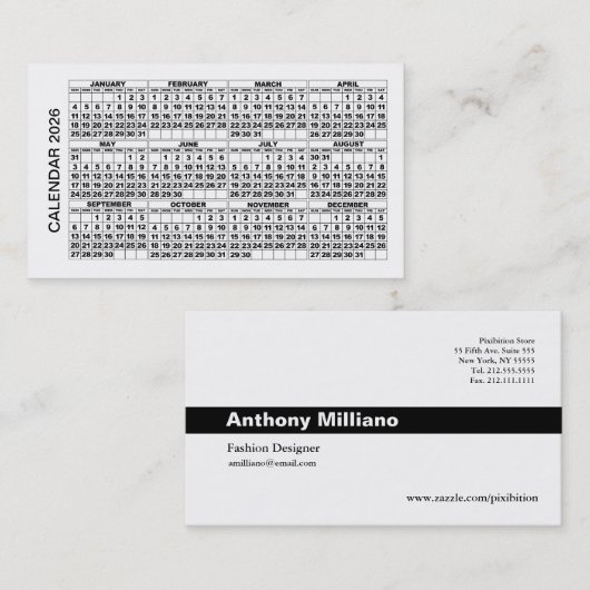 2026 Calendar Business Card horizontal White 名刺 (正面/裏面)