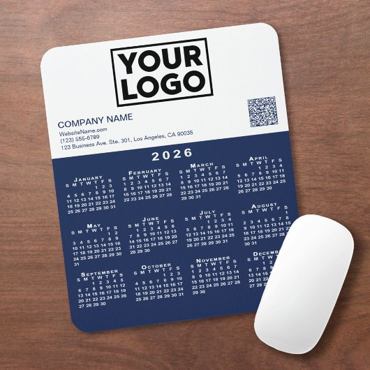 2026 Calendar Business Logo QR Code Navy White マウスパッド
