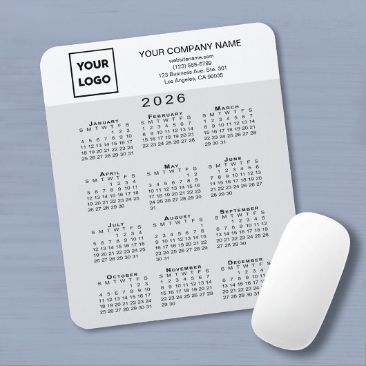 2026 Calendar Business Logo Text Light Grey White マウスパッド