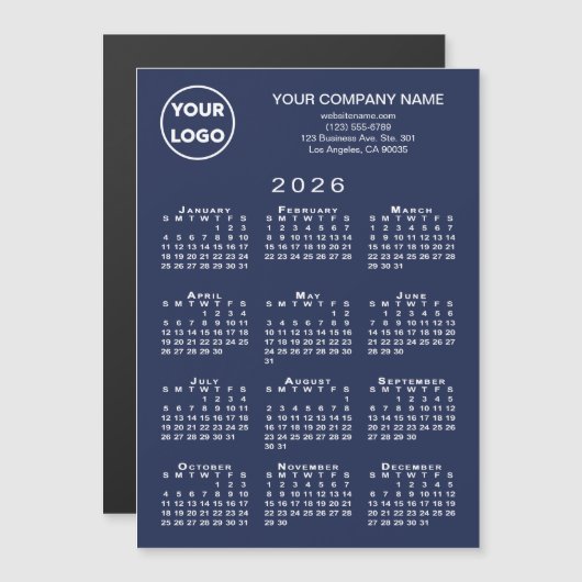 2026 Calendar Business Logo Text Navy Magnet Card (正面/裏面)