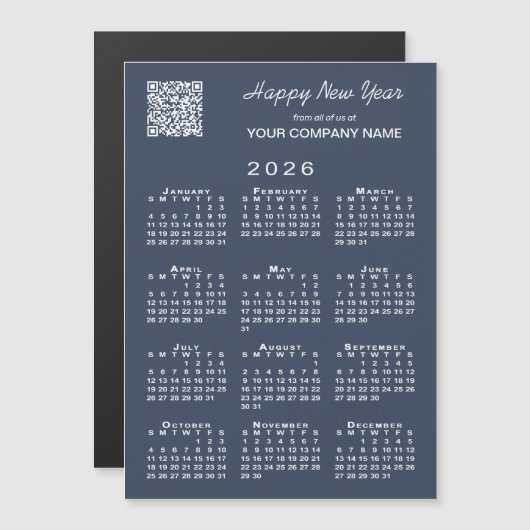2026 Calendar Business QR Code Navy Holiday Magnet (正面/裏面)