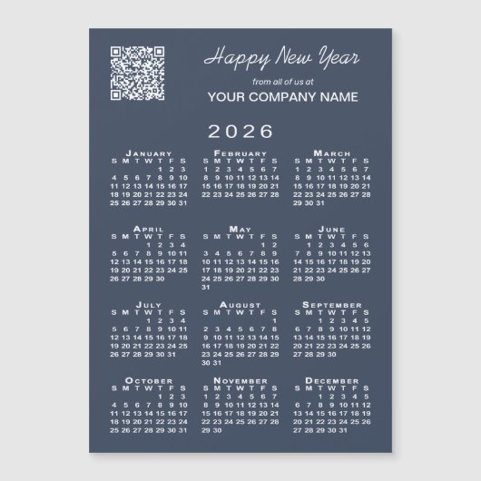 2026 Calendar Business QR Code Navy Holiday Magnet (正面)