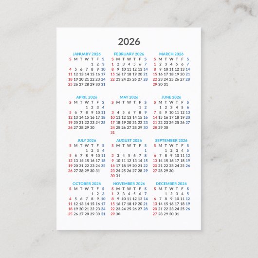 2026 Calendar Card: Sunday Start 名刺 (裏面)