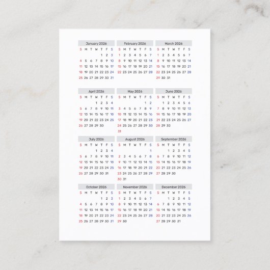 2026 Calendar Card: Sunday Start, Black & White 名刺 (裏面)