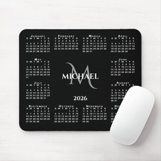 2026 Calendar Chic Monogram Name on Black マウスパッド (マウス)