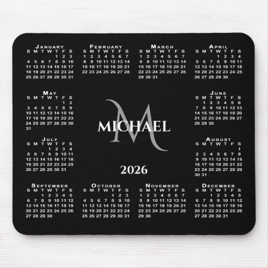 2026 Calendar Chic Monogram Name on Black マウスパッド (正面)