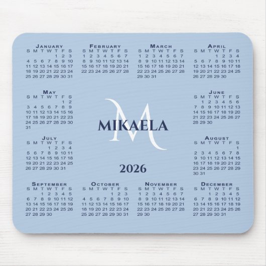 2026 Calendar Chic Monogram Name on Light Blue マウスパッド (正面)