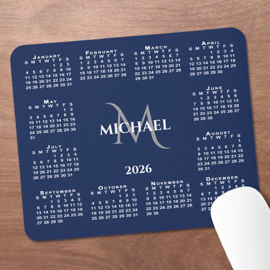 2026 Calendar Chic Monogram Name on Navy Blue マウスパッド