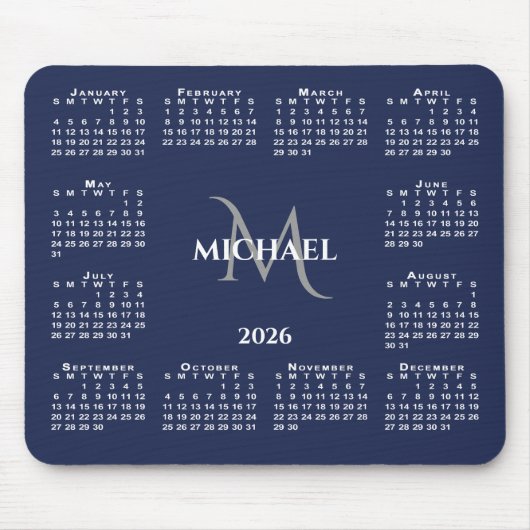2026 Calendar Chic Monogram Name on Navy Blue マウスパッド (正面)