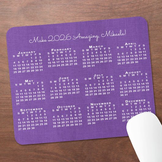 2026 Calendar Custom Name Purple Linen Photo マウスパッド